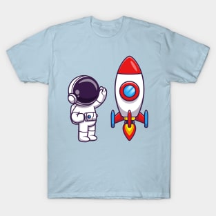 Astronaut Waving Hand to Rocket Cartoon T-Shirt